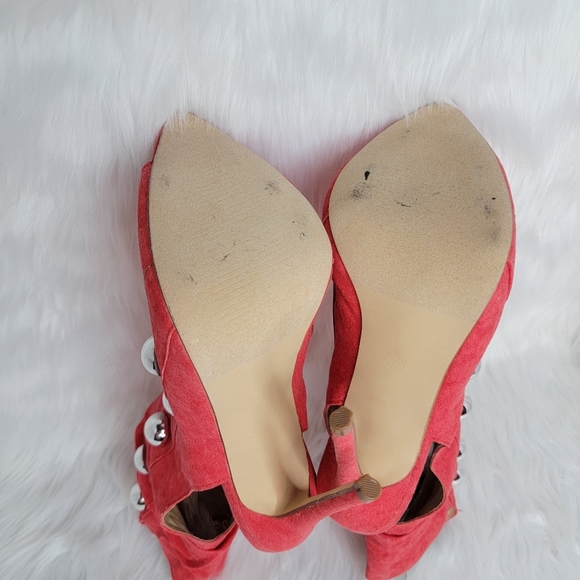 Red boots stiletto heel open toe silver studs. - Picture 9 of 12